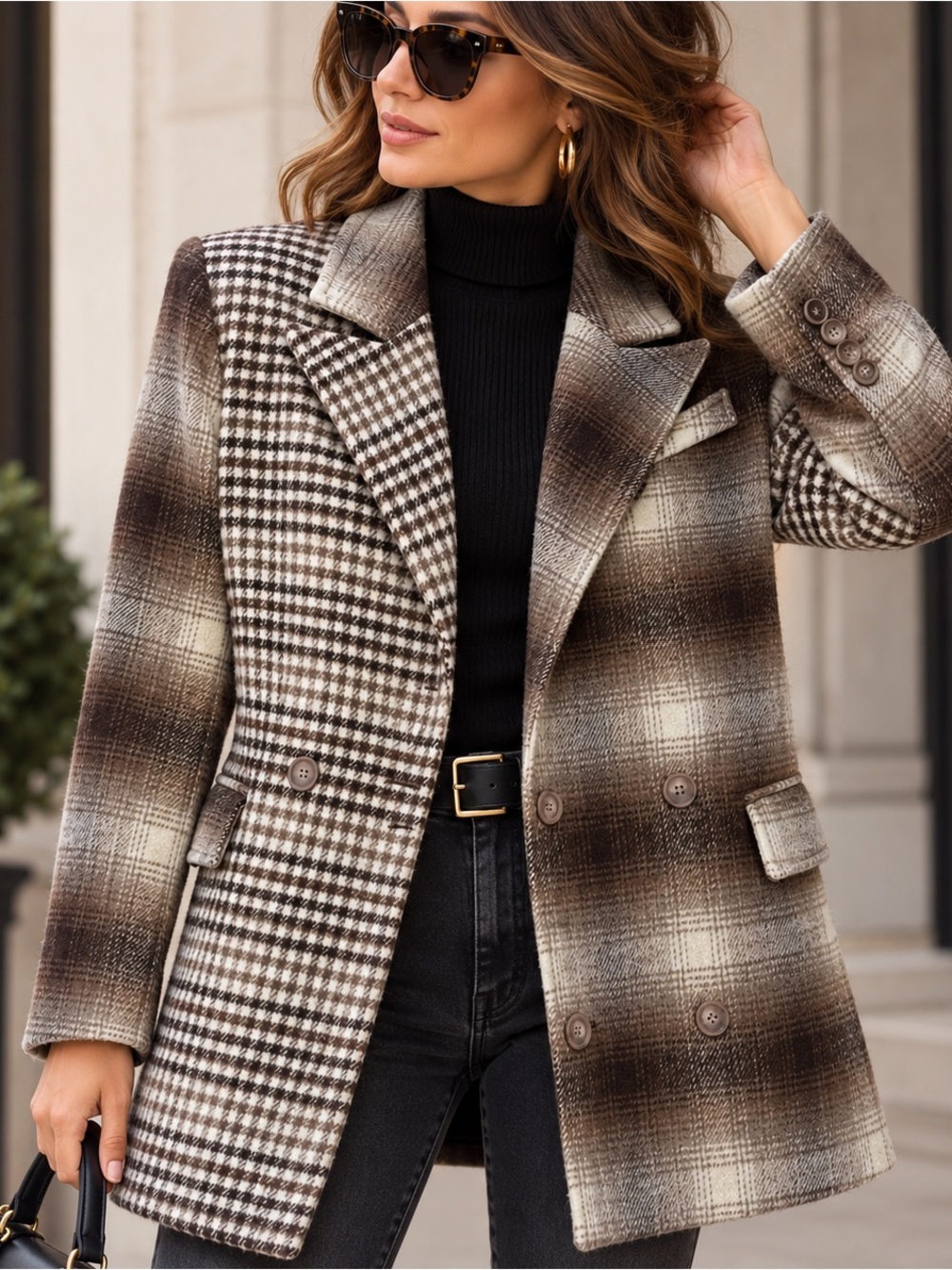 Avec Les Filles Brown and Cream Plaid Double-Breasted Pea Coat
